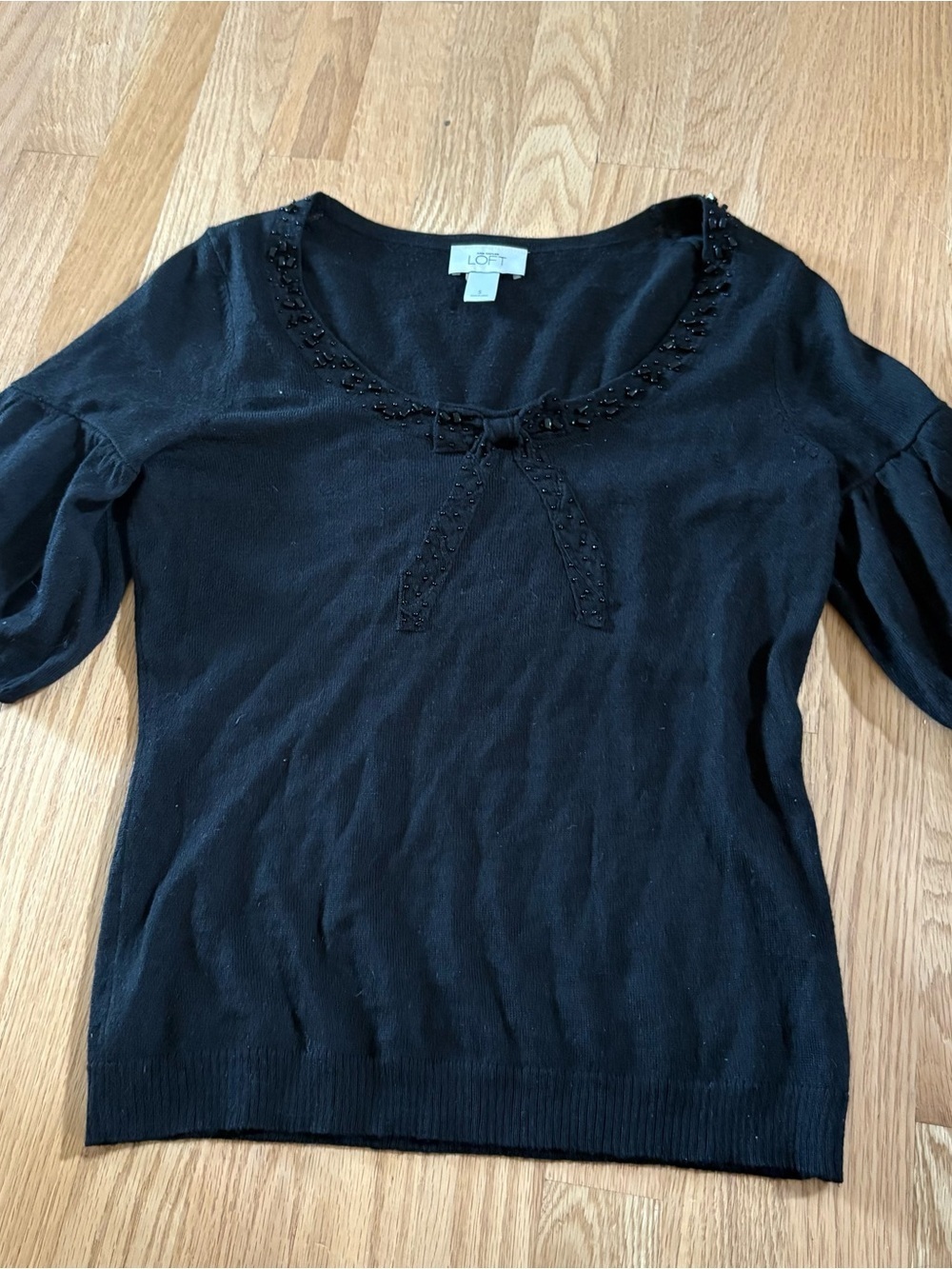 LOFT Black Scoop Neck Sweater with Beaded Bow Design Trim Small